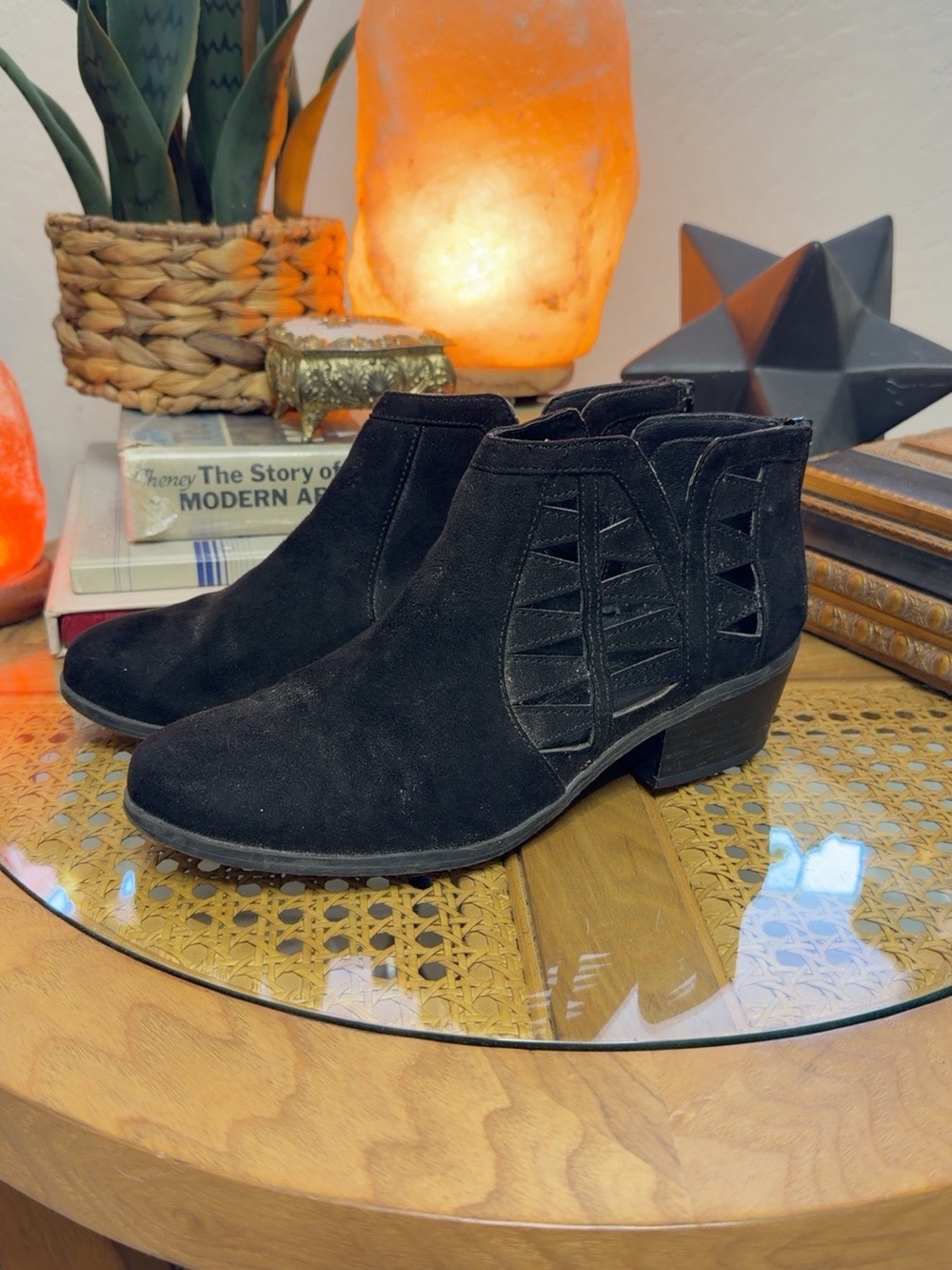 New directions Black Faux Suede Cutout Ankle Boots Block Heel Boho